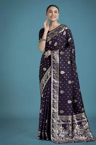 purple woven banarasi satin silk saree