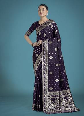 purple woven banarasi satin silk blend saree 2