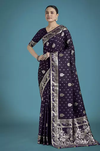 purple woven banarasi satin silk blend saree