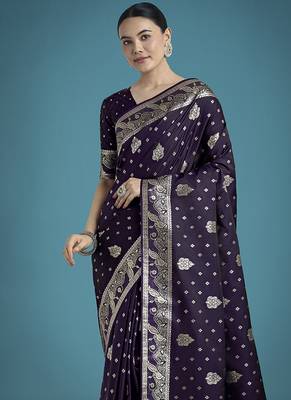 purple woven banarasi satin silk blend saree 3