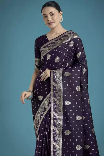 purple woven banarasi satin silk blend saree