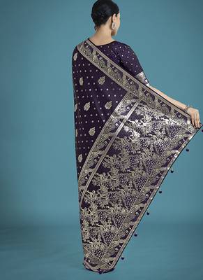 purple woven banarasi satin silk blend saree 4