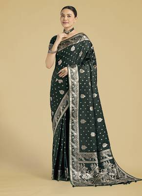 dark geen woven banarasi satin silk blend saree 1