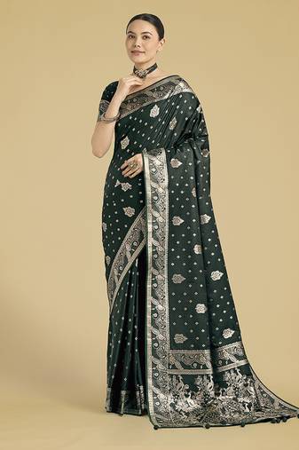 dark geen woven banarasi satin silk saree