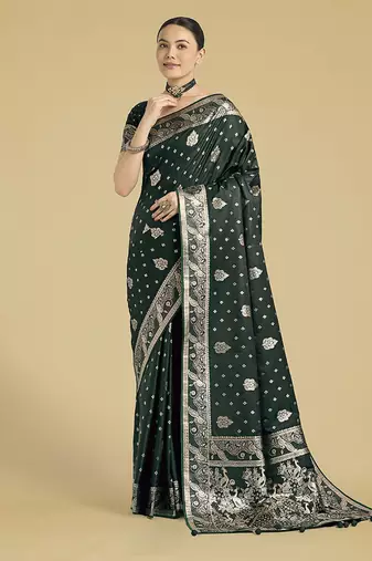 dark geen woven banarasi satin silk saree