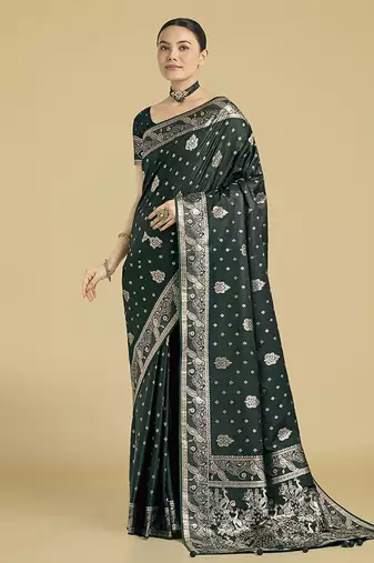 dark geen woven banarasi satin silk blend saree