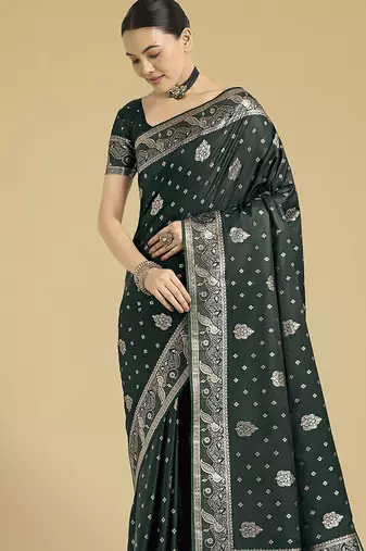 dark geen woven banarasi satin silk blend saree