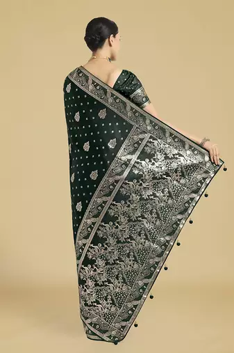 dark geen woven banarasi satin silk blend saree