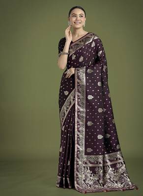 wine woven banarasi satin silk blend saree 1