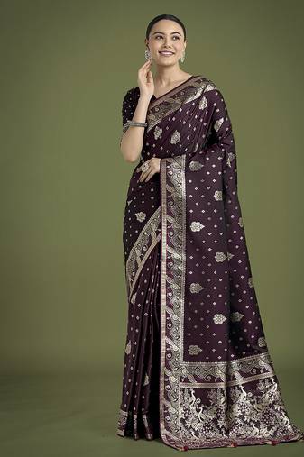 wine woven banarasi satin silk saree