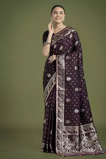 wine woven banarasi satin silk saree
