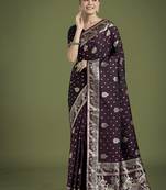 wine woven banarasi satin silk saree