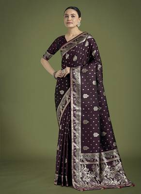 wine woven banarasi satin silk blend saree 2