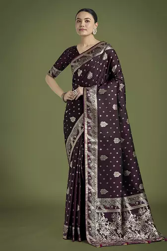 wine woven banarasi satin silk blend saree