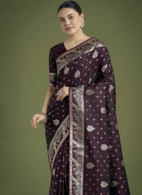 wine woven banarasi satin silk blend saree 3