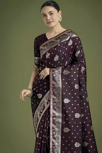 wine woven banarasi satin silk blend saree
