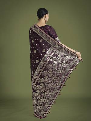 wine woven banarasi satin silk blend saree 4