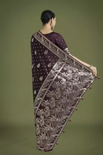 wine woven banarasi satin silk blend saree