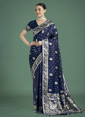 blue woven banarasi satin silk blend saree 1