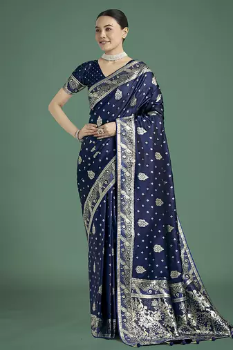 blue woven banarasi satin silk saree