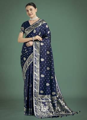 blue woven banarasi satin silk blend saree 2