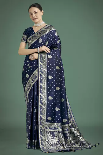 blue woven banarasi satin silk blend saree