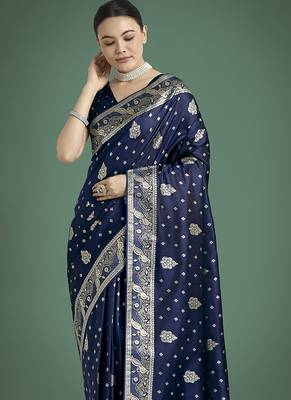 blue woven banarasi satin silk blend saree 3