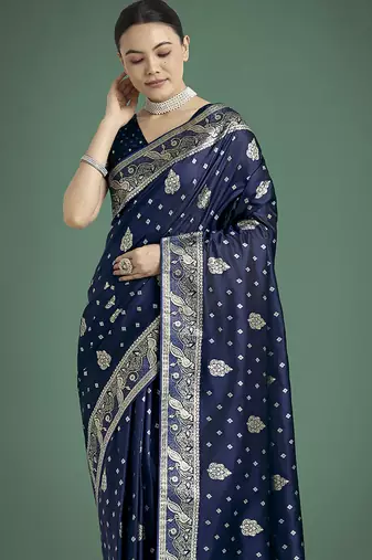 blue woven banarasi satin silk blend saree