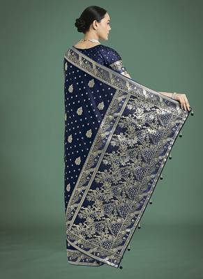blue woven banarasi satin silk blend saree 4