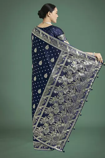 blue woven banarasi satin silk blend saree