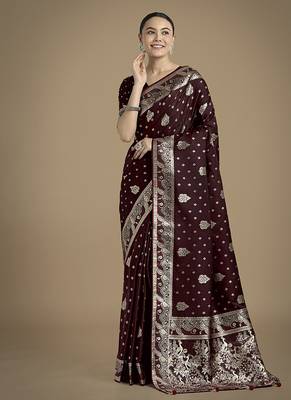 maroon woven banarasi satin silk blend saree 1