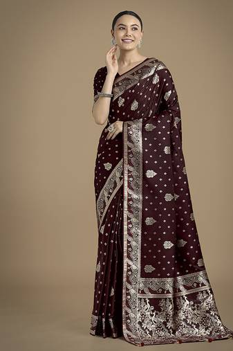 maroon woven banarasi satin silk saree