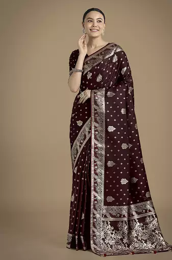 maroon woven banarasi satin silk saree