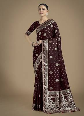maroon woven banarasi satin silk blend saree 2