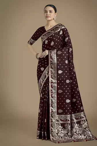 maroon woven banarasi satin silk blend saree