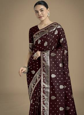 maroon woven banarasi satin silk blend saree 3