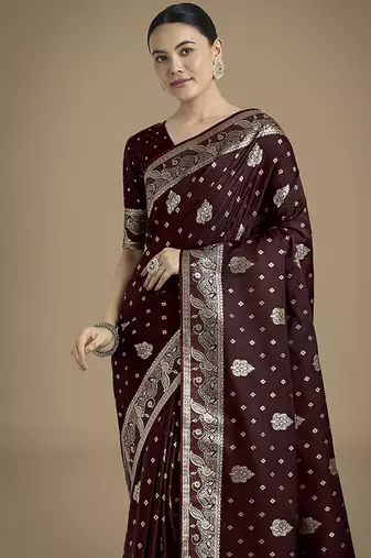 maroon woven banarasi satin silk blend saree
