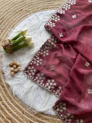 Maroon Zari Floral Embroidery With Sequins Work Crushed silk blend Saree 1