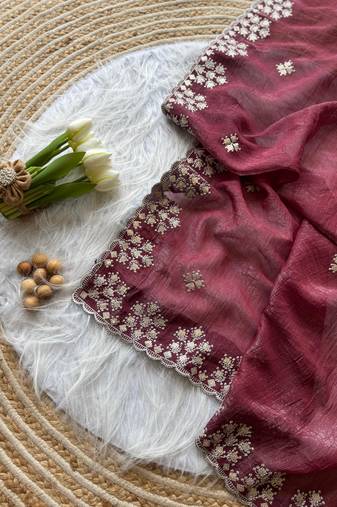 Maroon Color Zari Floral Embroidery With Sequins Work Crushed Silk Saree