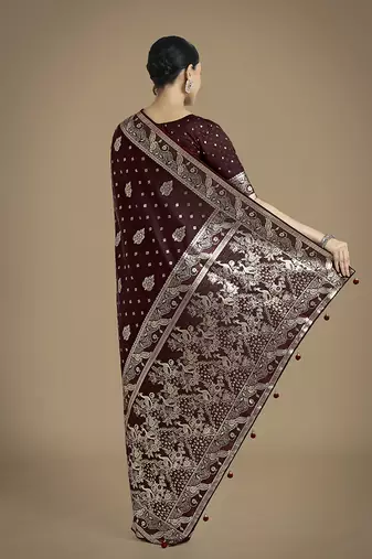 maroon woven banarasi satin silk blend saree
