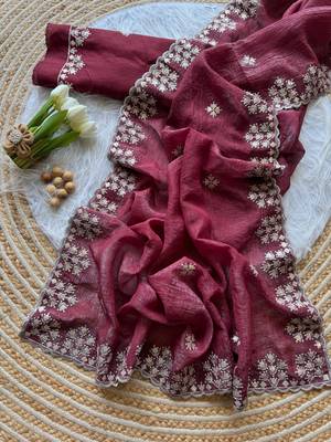 Maroon Zari Floral Embroidery With Sequins Work Crushed silk blend Saree 2