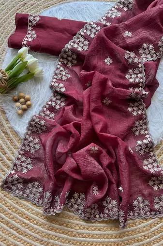 Maroon Zari Floral Embroidery With Sequins Work Crushed silk blend Saree