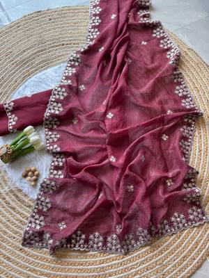 Maroon Zari Floral Embroidery With Sequins Work Crushed silk blend Saree 3
