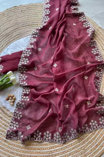Maroon Zari Floral Embroidery With Sequins Work Crushed silk blend Saree