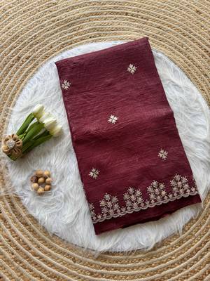 Maroon Zari Floral Embroidery With Sequins Work Crushed silk blend Saree 4