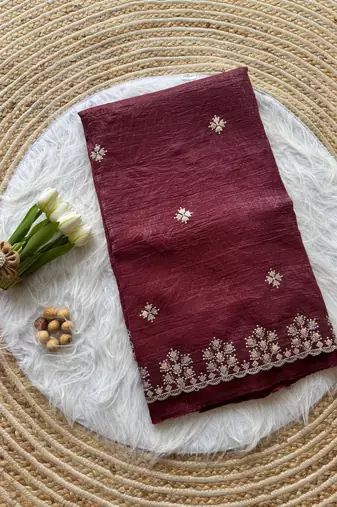 Maroon Zari Floral Embroidery With Sequins Work Crushed silk blend Saree