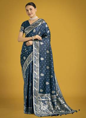 aqua blue woven banarasi satin silk blend saree 1