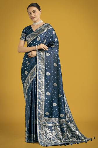aqua blue woven banarasi satin silk saree