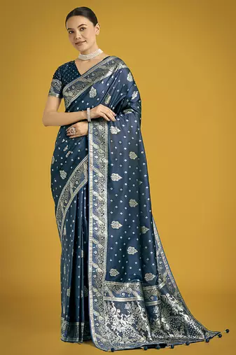 aqua blue woven banarasi satin silk saree