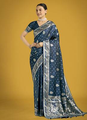 aqua blue woven banarasi satin silk blend saree 2
